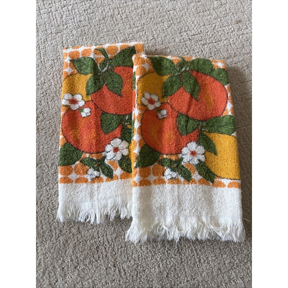 Pair of Vintage Kitchen Hand Towels Terry 1970s Floral & Oranges 25" x 14"